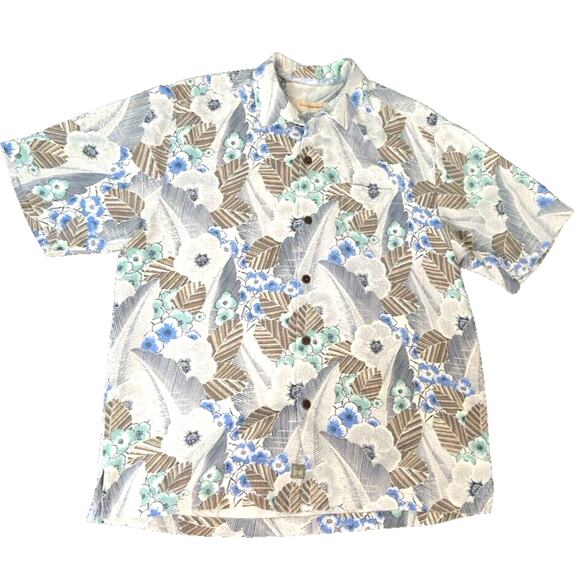 Tommy Bahama Vintage Hawaiian Shirt Textured Floral Button Front Silk Sz L - Picture 1 of 3